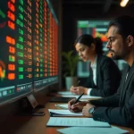 Two men discussing stock market data displayed on a digital ticker tape screen