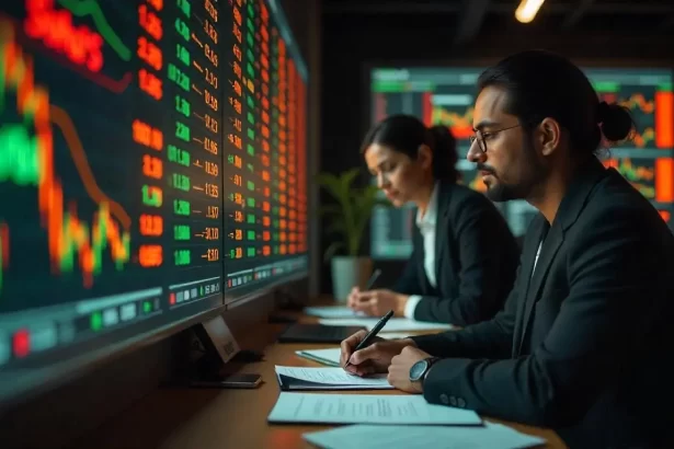 Two men discussing stock market data displayed on a digital ticker tape screen