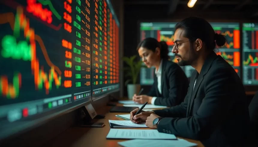 Two men discussing stock market data displayed on a digital ticker tape screen